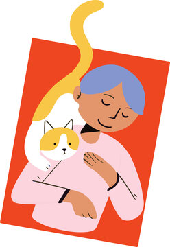 Fototapeta flat illustration is showing person petting yellow-patched cat, transparent background, copy space