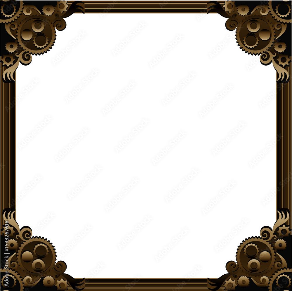 Poster border is showcasing steampunk frame with gears and scrollwork on transparent backdrop, copy space