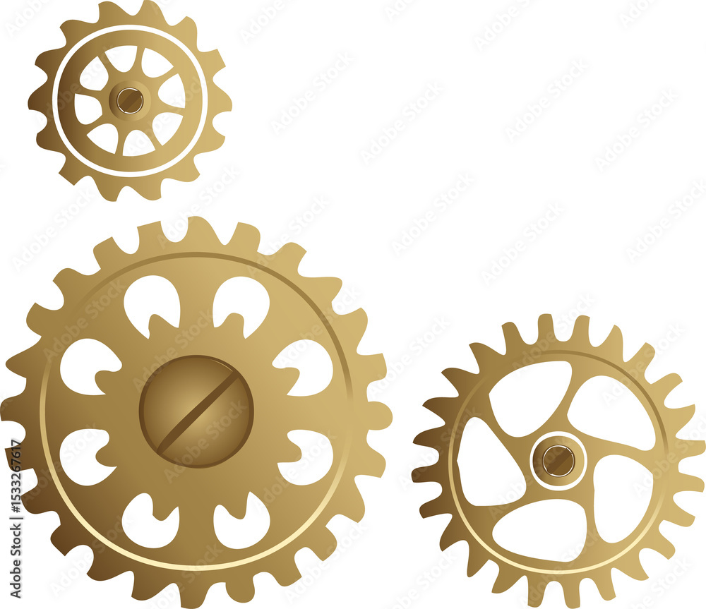 Poster three brass-colored gears are being displayed in 3d render on transparent backdrop, copy space