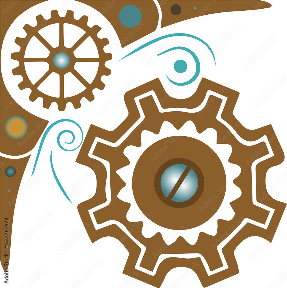 Poster stylized meshing gears are rotating on transparent background with hub screw swooshes and circles
