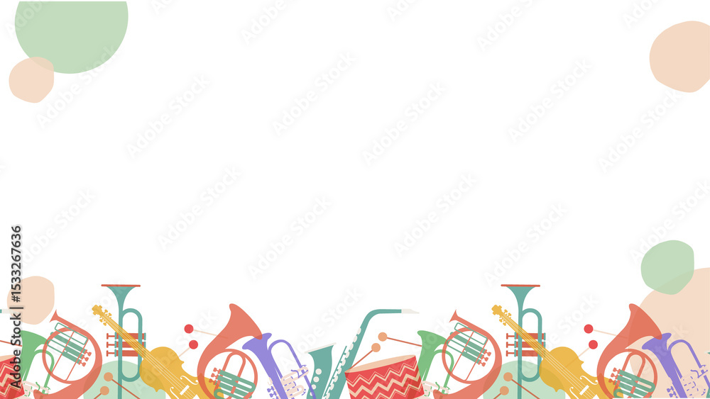 Poster displaying flat stylized border with orchestral instruments and pastel dots, transparent background