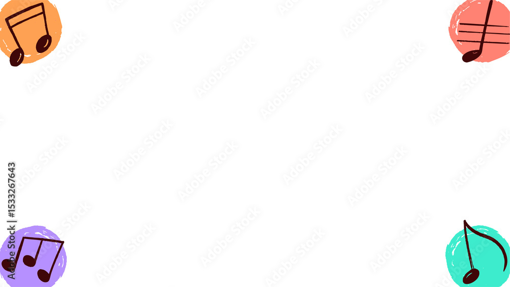 Poster four stylized musical note icons are floating within flat color circles on transparent backdrop