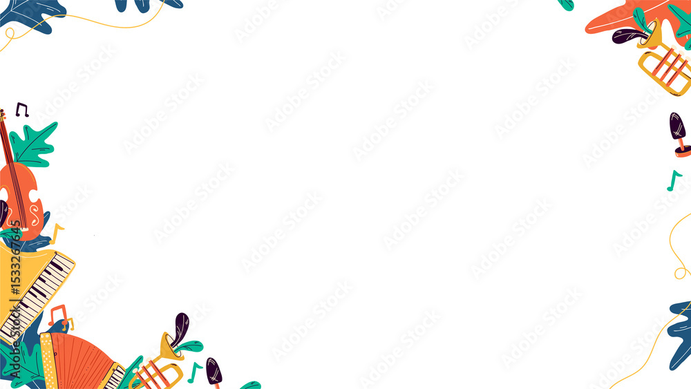 Poster colorful border is framing transparent core in flat style with piano, accordion and notes, copy sp