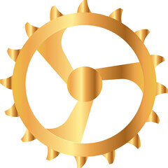 Golden gear with triangular teeth, three spokes is floating on transparent backdrop in 3D render