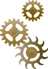 Three gold gears meshing in vector design, showing metal gradients on transparent background