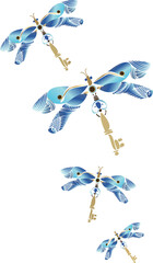 flat design showing blue mechanical birds hanging from skeleton keys over transparent background