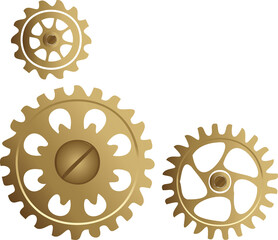 Three brass-colored gears are being displayed in 3D render on transparent backdrop, copy space