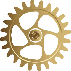 3D render is showing golden gear with toothed rim, 5 spokes and screw head, transparent background