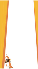 Orange trumpet is sitting in flat design, showing yellow drapes, transparent background, copy space