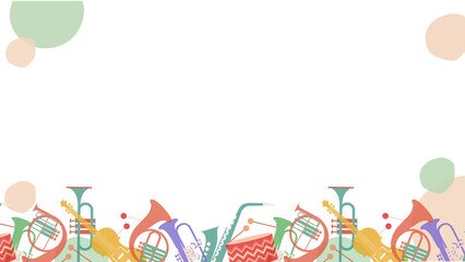 Displaying flat stylized border with orchestral instruments and pastel dots, transparent background