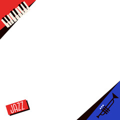 flat jazz template is showing piano keys, trumpet shape, red JAZZ label, transparent bg, copy space