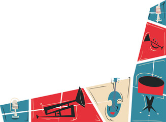 Displaying flat panels showing mic, horn, violin, lamp, speaker and drum on transparent backdrop