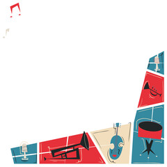 Stylized flat illustration is featuring red blue panels with music icons on transparent background