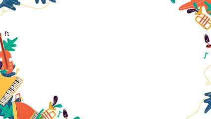 Colorful border is framing transparent core in flat style with piano, accordion  and  notes, copy sp