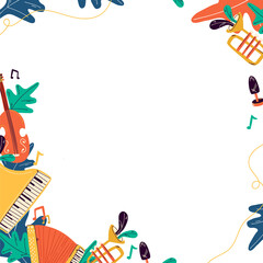 Music frame is showing trumpets, keys, violin and notes around center on clear layer, copy space