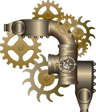 Fototapeta Showing steampunk mechanical assembly with elbow pipe, valve, gears on transparent background