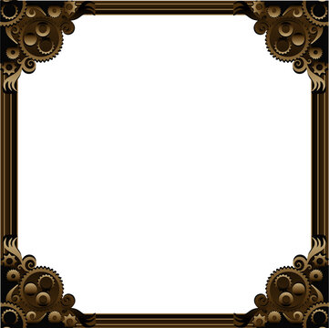 Fototapeta Border is showcasing steampunk frame with gears and scrollwork on transparent backdrop, copy space