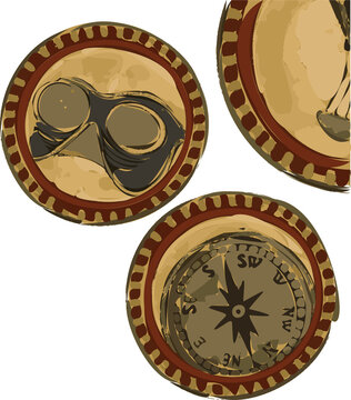 Fototapeta painted travel badges are stacking with binoculars, compass, sailboat icons on transparent backdrop