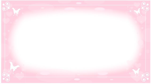 Pink flat vector frame is featuring oval cutout, heart motifs and butterflies on clear background