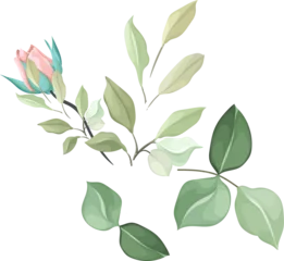 Gardinen Botanical branch is showing pink rose bud and leaf clusters in vector, clear background, copy space © vectorfusionart