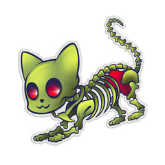 Cartoon cat skeleton showing red glowing eyes, segmented tail on transparent backdrop, copy space