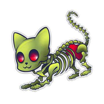 Fototapeta Cartoon cat skeleton showing red glowing eyes, segmented tail on transparent backdrop, copy space