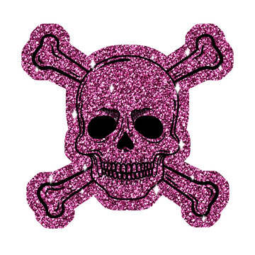 Fototapeta Showing vector pink glitter skull and crossed bones sparkling on transparent backdrop, copy space