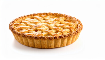 Golden brown flaky apple pie with beautifully woven lattice crust sits elegantly against white background, inviting sense of warmth and comfort