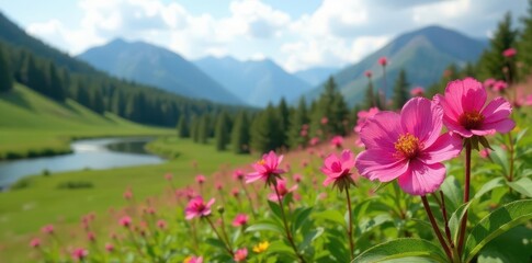 Obraz premium Vibrant pink fireweed blossoms against Yukon's green landscape , spring, photography