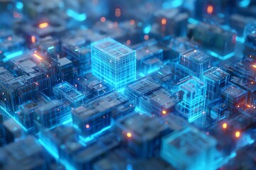 futuristic digital cityscape made of glowing blue wireframes and floating data streams, neon lights, cyberspace vibe