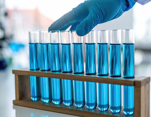 Gloved hand carefully touches row of slender test tubes filled with vibrant blue liquid, showcasing precision and care involved in scientific experimentation