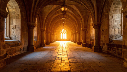 Grand hall of ancient castle with arched stone walls, illuminated by warm sunlight, creates serene atmosphere that whispers tales of history and mystery