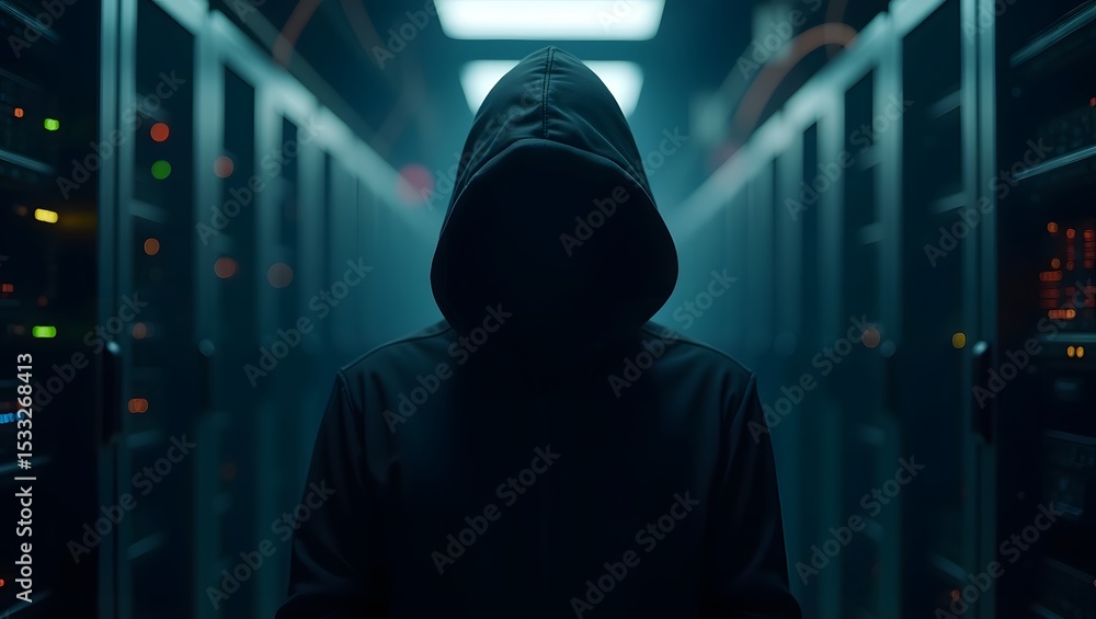 Poster silhouette of a hooded person stands in a server room with digital data