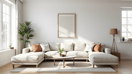 Fototapeta premium a bright, modern living room with a large sofa, coffee table, and minimalist decor. The room is bathed in natural light from the windows