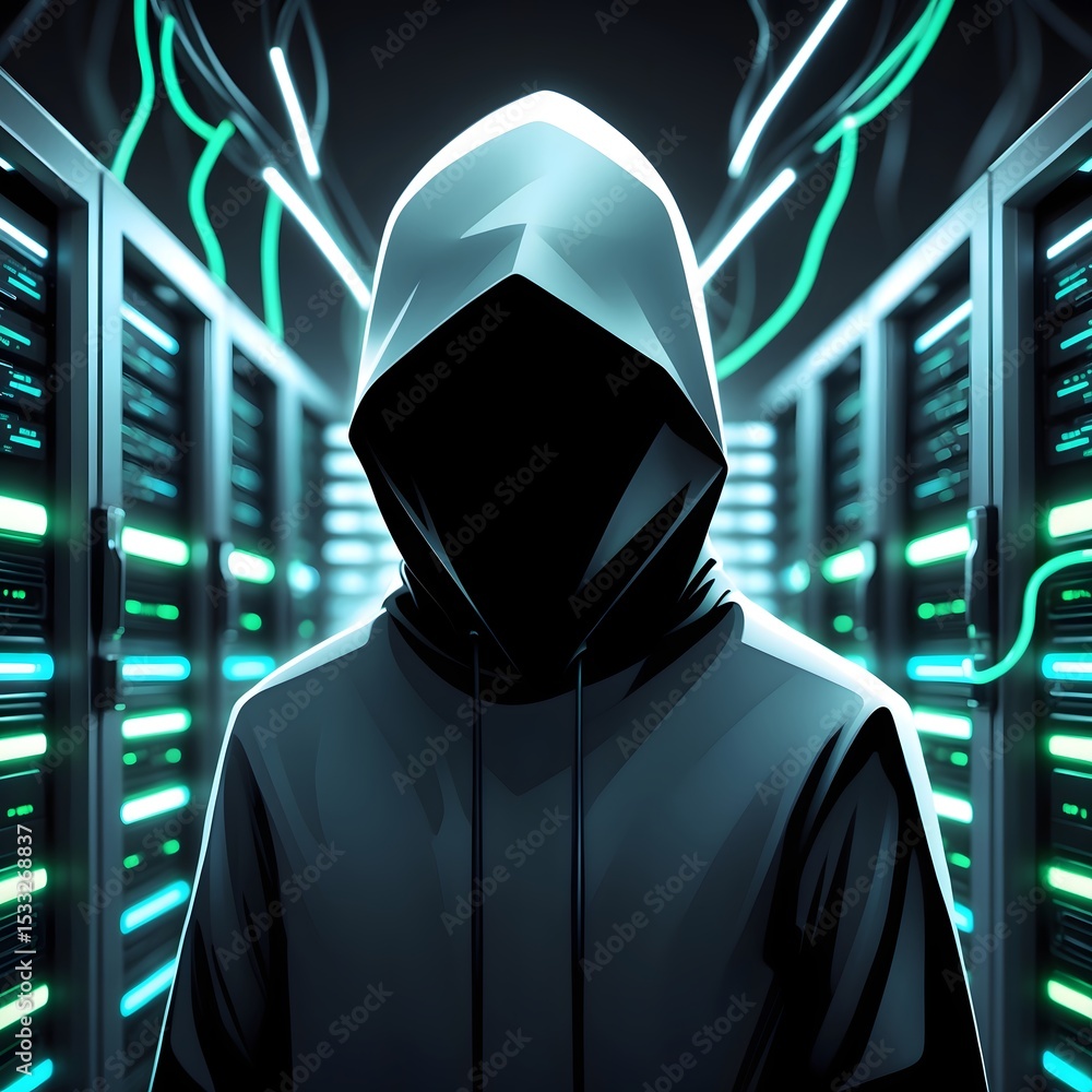 Poster A mysterious figure in a hoodie standing in front of a data center, creating an atmosphere of intrigue and technological power