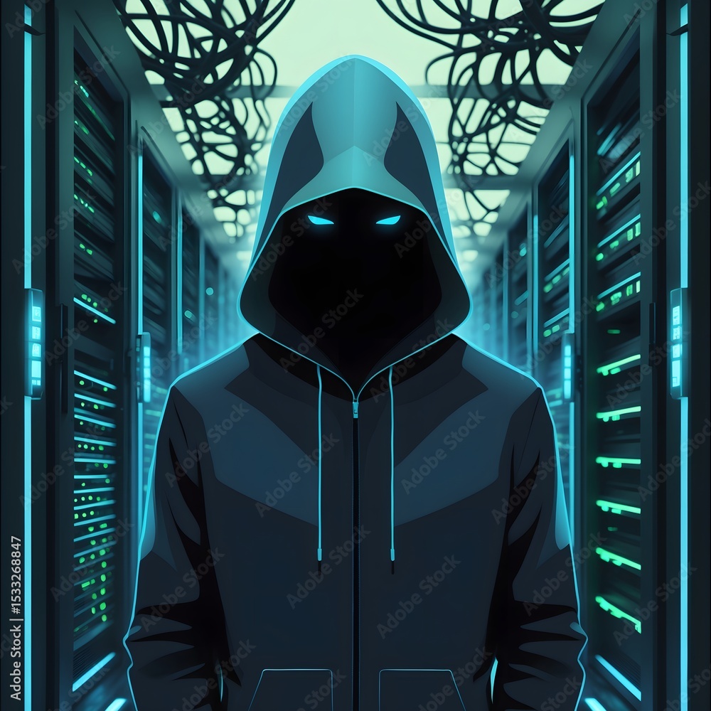 Aufkleber a mysterious figure in a hoodie standing in a server room, its glowing eyes hint at powerful technol