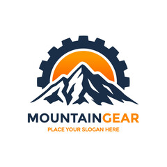 Rugged logo features mountains within a gear and sun, symbolizing adventure gear and outdoor engineering. Ideal for extreme sports, camping equipment, or heavy-duty industry. 
