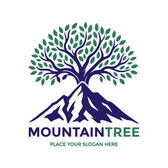 Striking logo featuring a lush tree growing from a rugged mountain, symbolizing natural strength and environmental growth. Ideal for eco-tourism, outdoor adventures, or conservation efforts. Represent