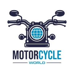 Dynamic logo features a motorcycle front with a globe headlight, symbolizing global travel and adventure. Ideal for motorcycle touring, international delivery, or worldwide transport services. 