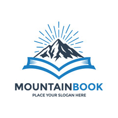 Evocative logo combining a mountain with an open book and sun rays, symbolizing knowledge, adventure, and exploration. Ideal for publishing, travel guides, or educational platforms focused on nature.