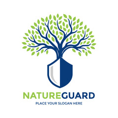 Powerful logo featuring a lush tree within a protective shield, symbolizing nature conservation and environmental safeguarding. Ideal for ecological foundations or sustainable businesses. 