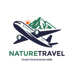 Scenic logo featuring an airplane flying towards majestic mountains and a rising sun, symbolizing eco-friendly travel and nature adventures. 