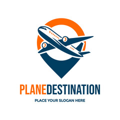 Dynamic logo features an airplane flying from a map pin, symbolizing travel and precise destinations. Ideal for travel agencies, airlines, or logistics. Represents global journeys.
