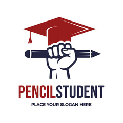Dynamic logo featuring a pencil held by a fist with a graduation cap, symbolizing student empowerment and academic achievement. Ideal for educational institutions or tutoring services.