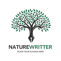 Artistic logo combining a lush tree with a fountain pen nib, symbolizing creative writing and environmental literature. Ideal for authors, publishers, or eco-conscious content creators. 