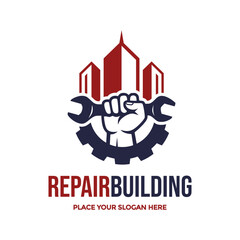 Powerful logo featuring a wrench-holding fist and gear with a city skyline, symbolizing building repair and construction services. Ideal for maintenance, renovation, or urban development firms.