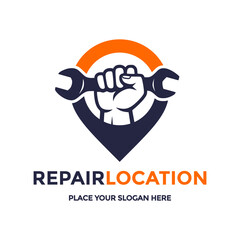 Dynamic logo combines a wrench-holding hand with a map pin, symbolizing convenient repair services and easy-to-find locations. Ideal for automotive shops, home repair, or mobile technical assistance. 