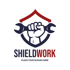 Powerful logo featuring a fist gripping a wrench within a shield, symbolizing strength, protection, and expert workmanship. Ideal for repair services, automotive shops, construction, or security firms