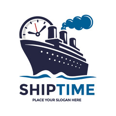 Dynamic logo featuring a cruise ship with a clock, symbolizing timely maritime travel and punctual voyages. Ideal for shipping companies, cruise lines, or logistics services. Represents efficiency, re