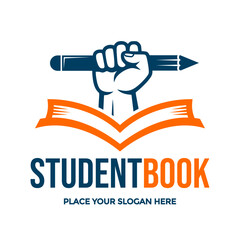 Empowering logo features a fist holding a pencil above an open book, symbolizing knowledge and education. Ideal for schools, learning platforms, or academic publishers. Represents learning, wisdom.